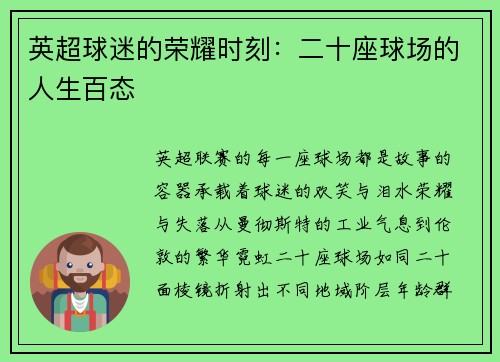 英超球迷的荣耀时刻：二十座球场的人生百态
